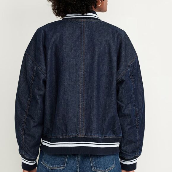 90s Oversized Denim Jean Bomber Jacket S 80s Retro Varsity Baseball Letterman - Picture 10 of 13